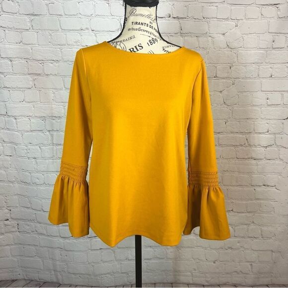 Ann Taylor Smocked Bell-Sleeve Boat Neck Top Size XSP Mustard - Picture 1 of 8